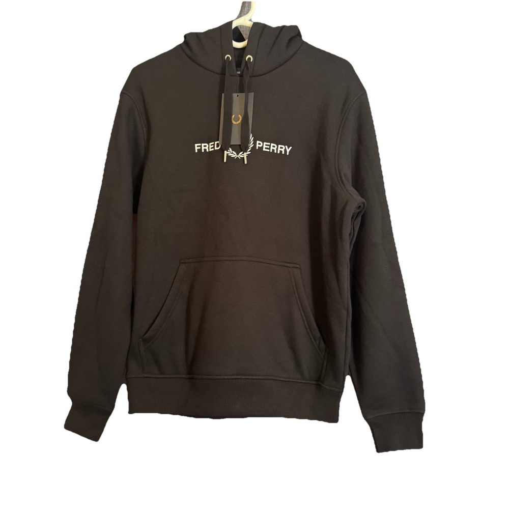 Fred Perry Embroidered Logo‎ Hooded Sweatshirt Black Raised Graphic Men's Size M